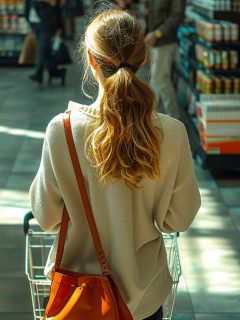 a busy mom is looking at her grocery list while she's at the store. SHe's wondering What should my grocery budget be?