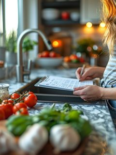 A woman uses grocery budget hacks to make her grocery list in the kitchen