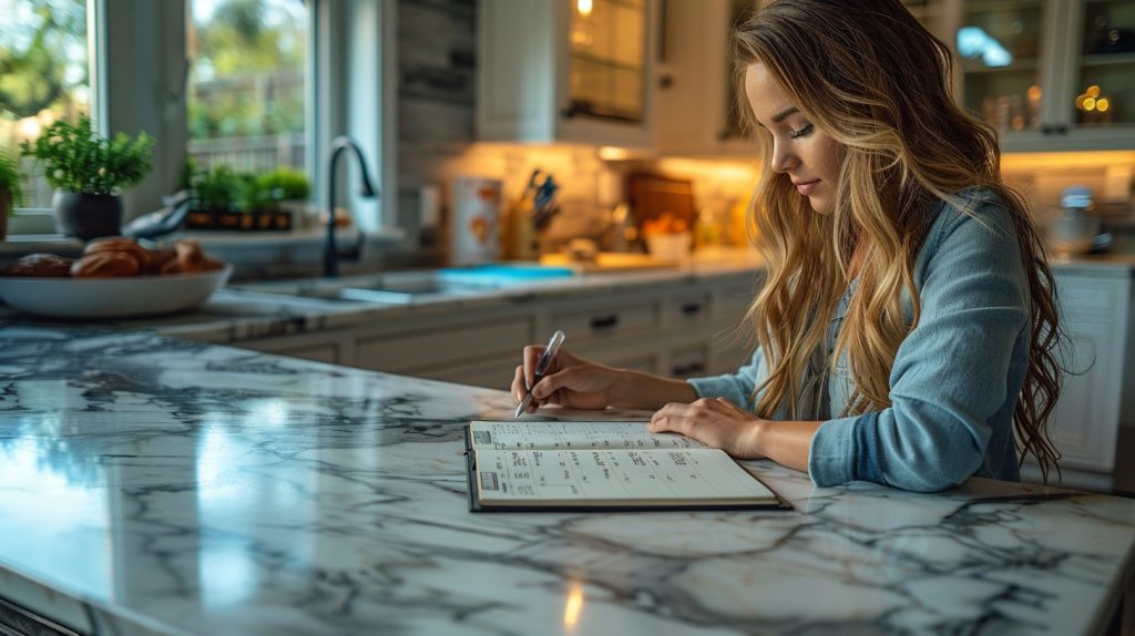 She sits at the counter writing her list. This is one of the best grocery shopping tips.