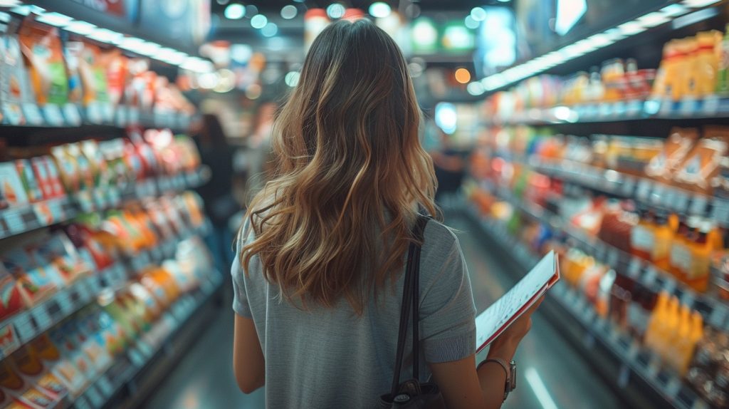 A mom is ready to grocery shop. SHe knows her monthly food budget.