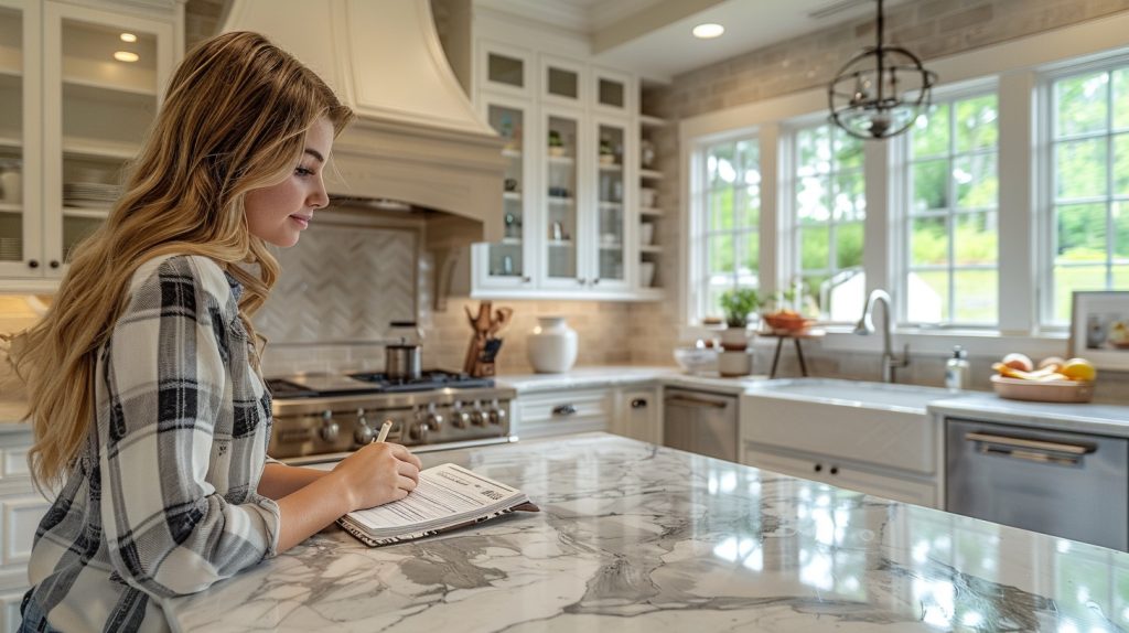 A woman writes her grocery list at the counter. SHe'll spend less with grocery budget hacks.
grocery budget hacks