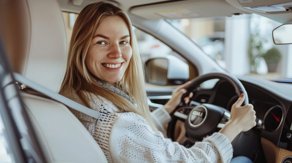 A woman in her car. She is busy managing after school activities