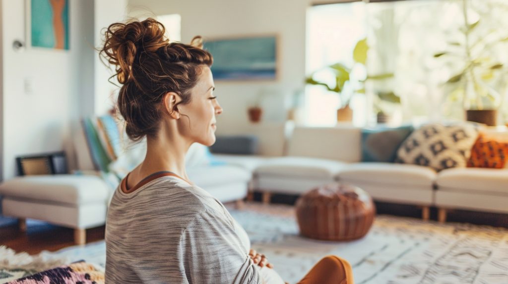 A mom sits in her living room meditating. Self care for busy moms