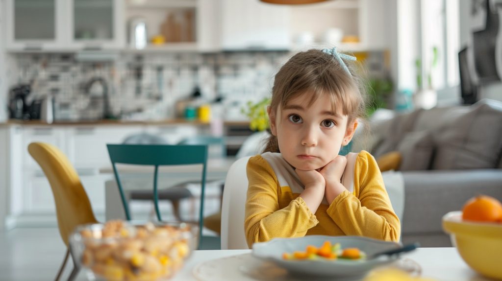 A girl sits at the kitchen table. handling picky eaters.
