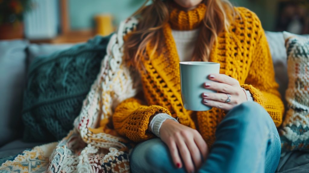 A mom sits on the couch drinking coffee. Finding me time.